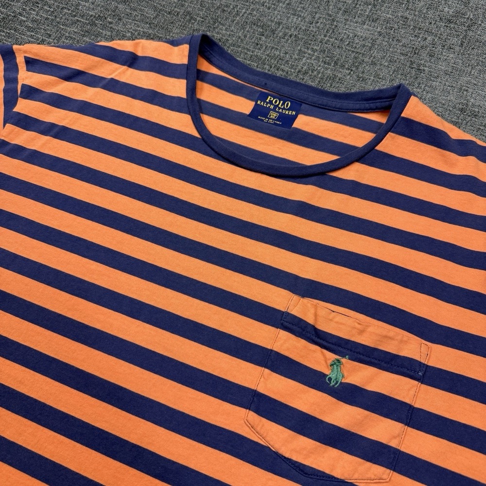 Polo Ralph Lauren Men's 2XB Big T Shirt Blue Orange Striped Short Sleeve Pocket